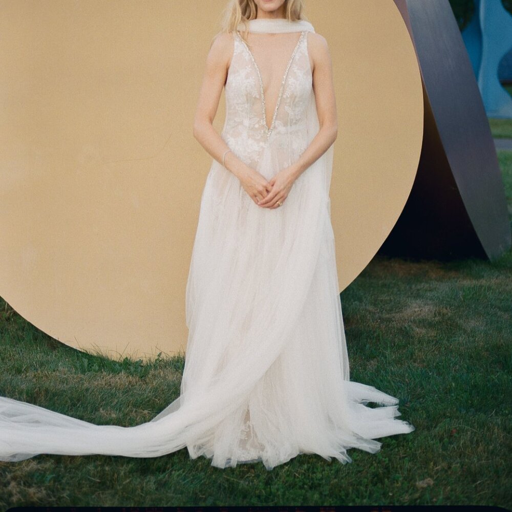 Liz Martinez Cleo A-Line Beaded Tulle Wedding Gown w/ Scarf - Picture 2 of 8